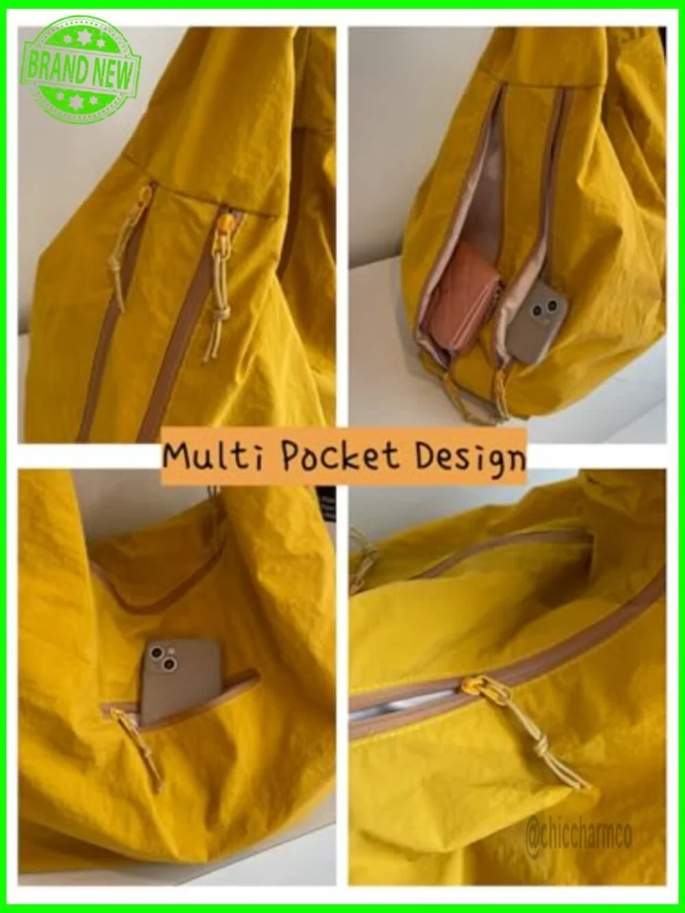 Large Nylon Tote Bag Slouchy Hobo Shoulder Bag Multi Pocket Travel Gym
